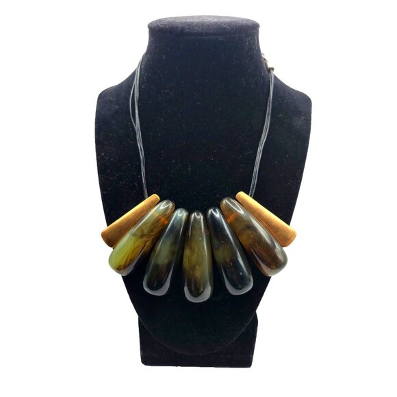 Chico’s Statement Necklace Resin Horn Drops Bronze Cord Tribal Boho - Picture 1 of 6